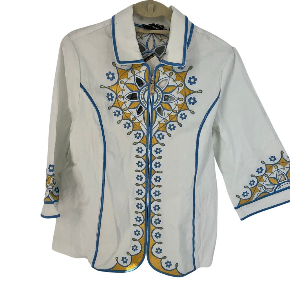 NWT Bob Mackie Wearable Art Embroidered White Blue Yellow Jacket M